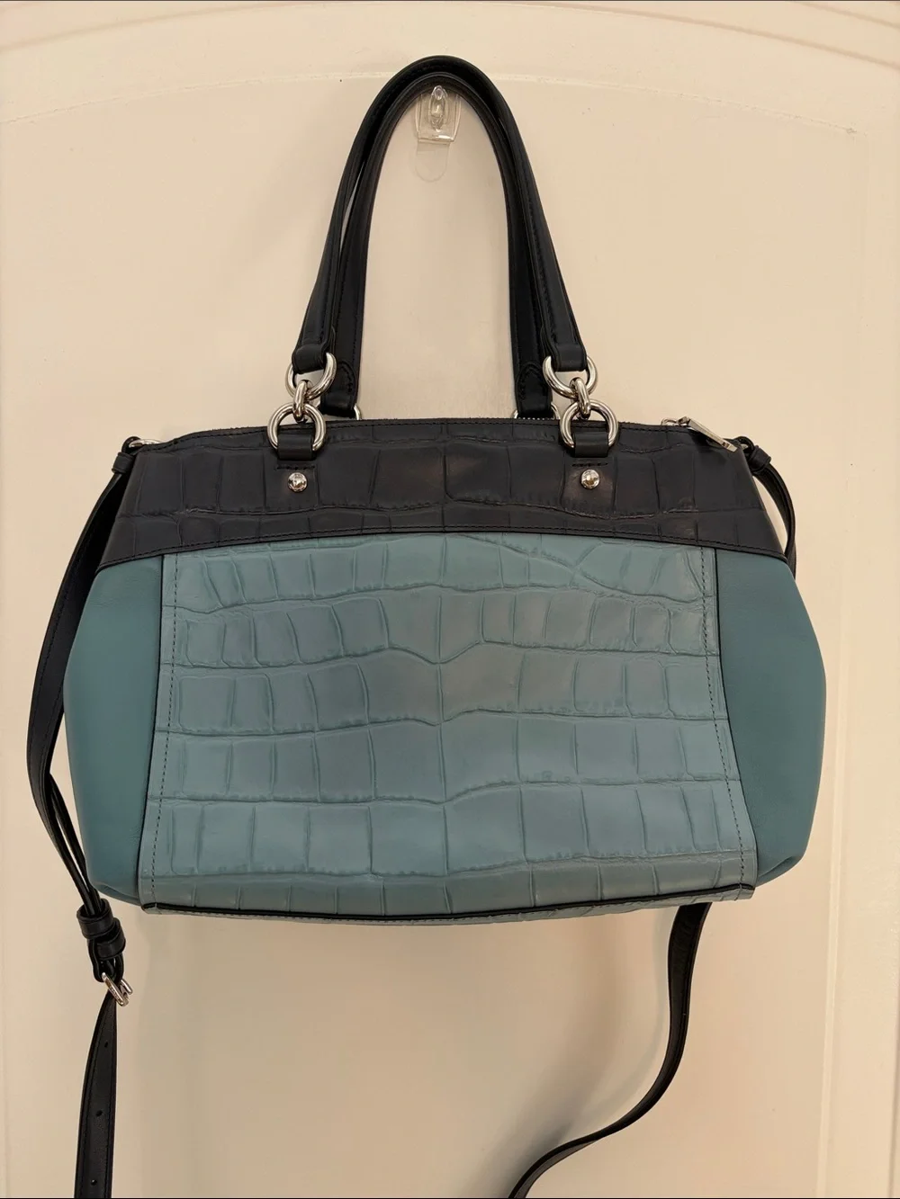 Coach Teal and Black Croc-Embossed Satchel with Shoulder Strap